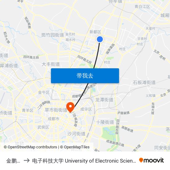 金鹏路1站 to 电子科技大学 University of Electronic Science and Technology of China map