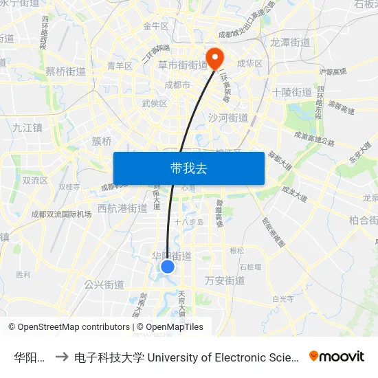 华阳步行街 to 电子科技大学 University of Electronic Science and Technology of China map