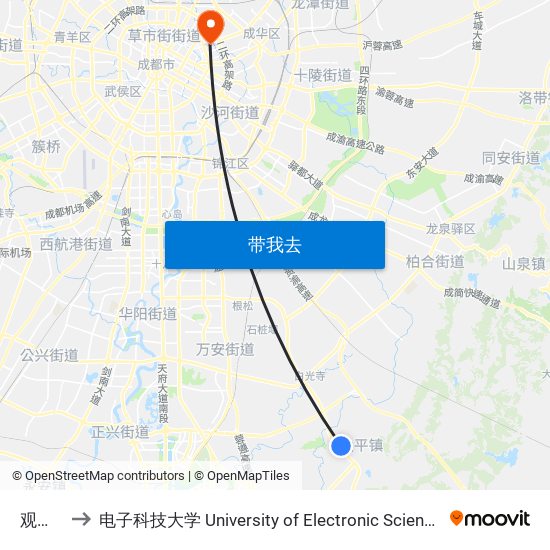 观光大道 to 电子科技大学 University of Electronic Science and Technology of China map