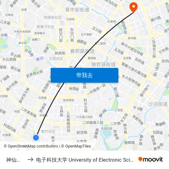 神仙树南路站 to 电子科技大学 University of Electronic Science and Technology of China map