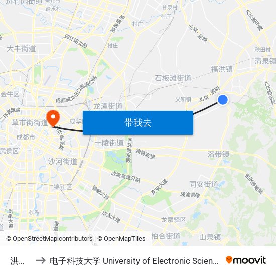 洪安车站 to 电子科技大学 University of Electronic Science and Technology of China map