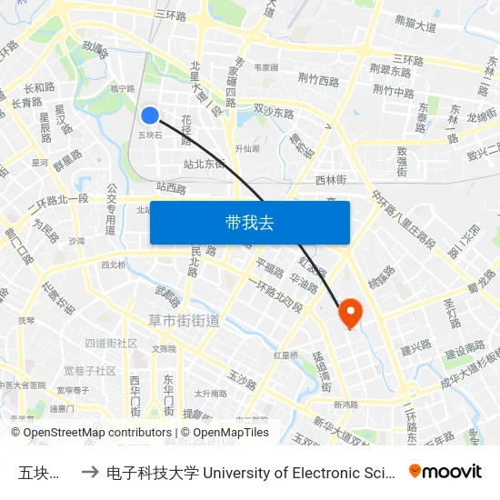 五块石西路站 to 电子科技大学 University of Electronic Science and Technology of China map