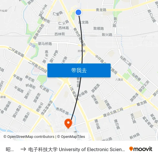 昭觉寺站 to 电子科技大学 University of Electronic Science and Technology of China map