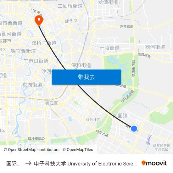 国际城路口 to 电子科技大学 University of Electronic Science and Technology of China map