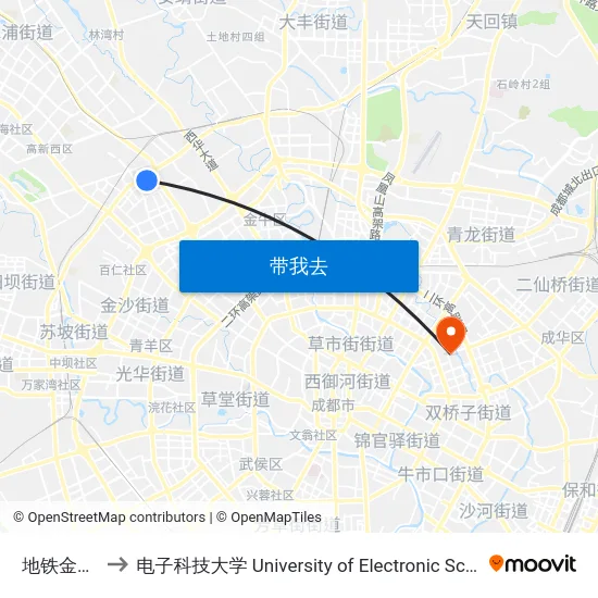 地铁金科北路站 to 电子科技大学 University of Electronic Science and Technology of China map