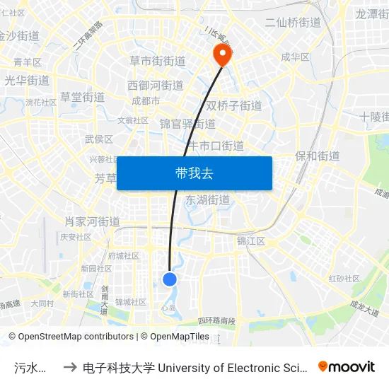 污水处理厂站 to 电子科技大学 University of Electronic Science and Technology of China map