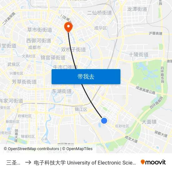 三圣乡政府 to 电子科技大学 University of Electronic Science and Technology of China map