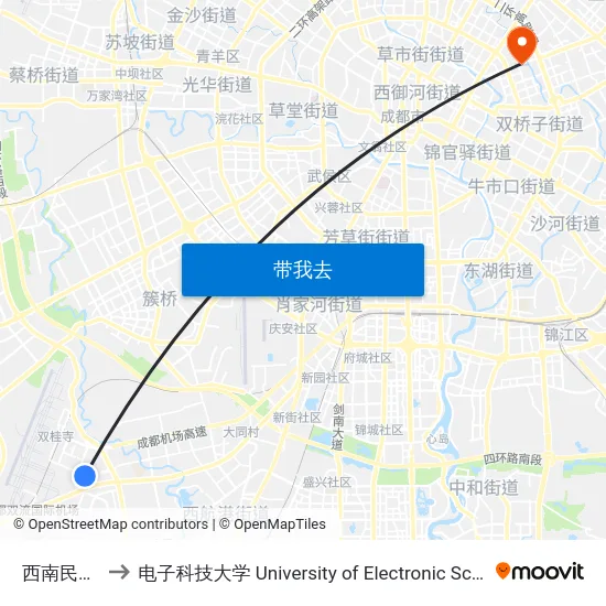西南民大新校区 to 电子科技大学 University of Electronic Science and Technology of China map
