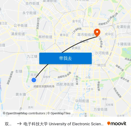 双流广场 to 电子科技大学 University of Electronic Science and Technology of China map