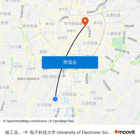 核工业研究所 to 电子科技大学 University of Electronic Science and Technology of China map