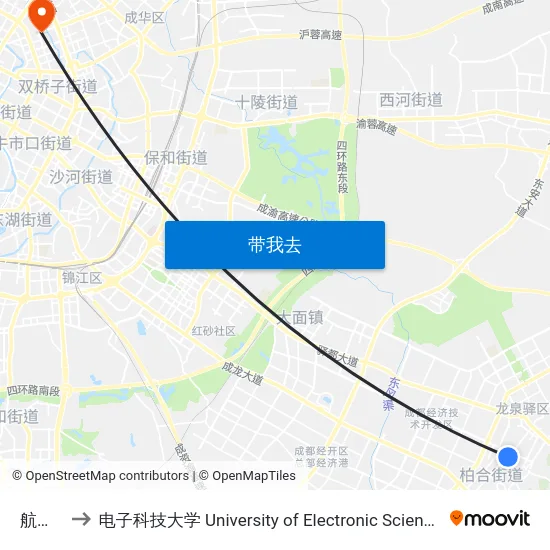 航天医院 to 电子科技大学 University of Electronic Science and Technology of China map