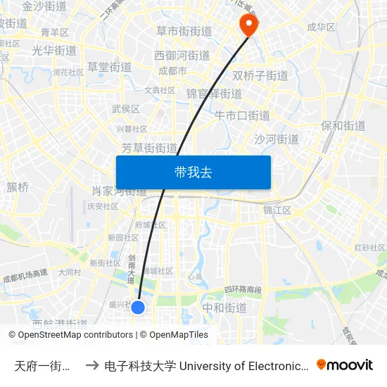 天府一街剑南大道口站 to 电子科技大学 University of Electronic Science and Technology of China map