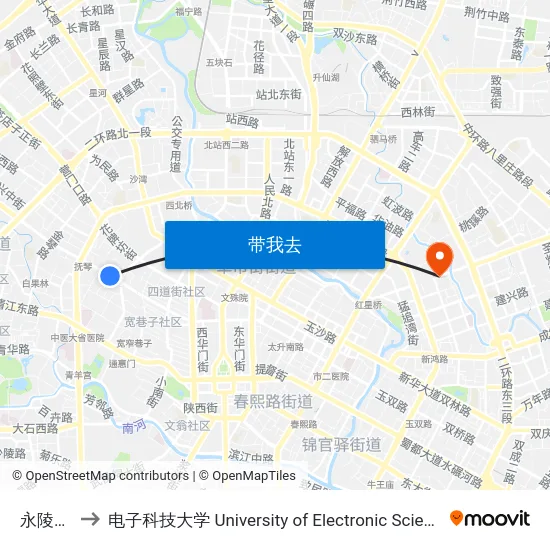 永陵路东站 to 电子科技大学 University of Electronic Science and Technology of China map