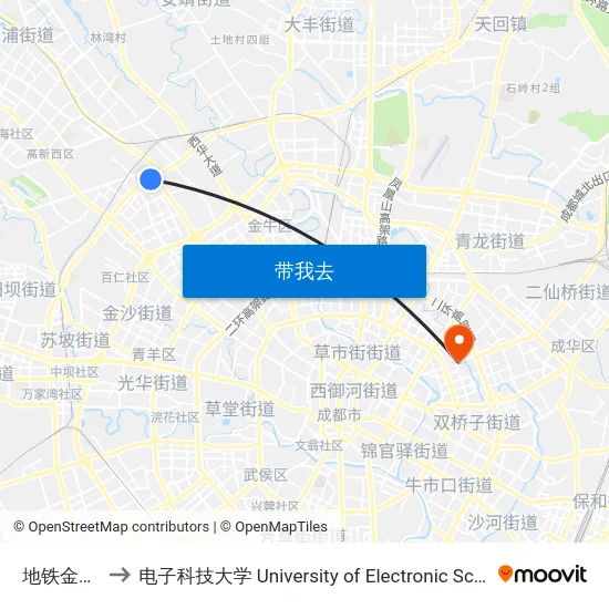 地铁金科北路站 to 电子科技大学 University of Electronic Science and Technology of China map