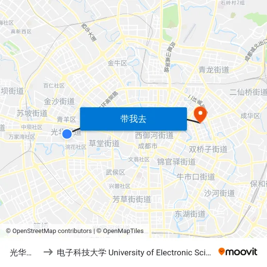 光华大道口站 to 电子科技大学 University of Electronic Science and Technology of China map