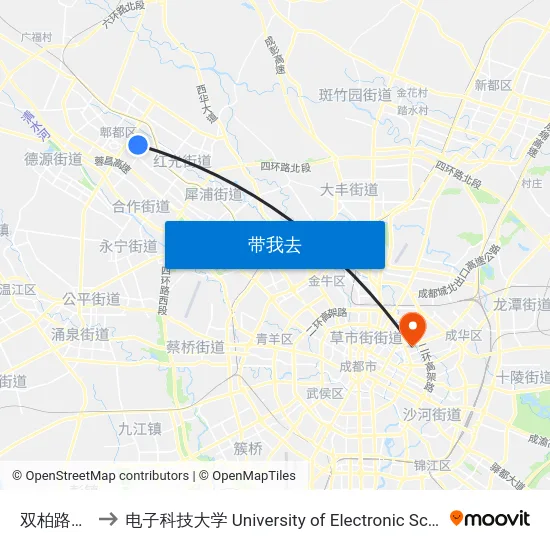 双柏路天勤路口 to 电子科技大学 University of Electronic Science and Technology of China map