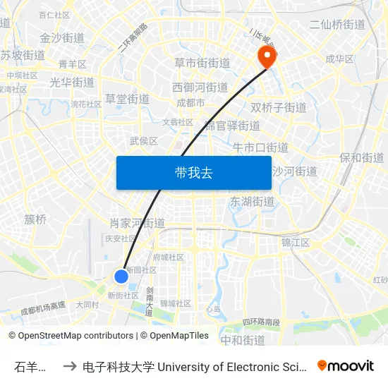 石羊场公交站 to 电子科技大学 University of Electronic Science and Technology of China map