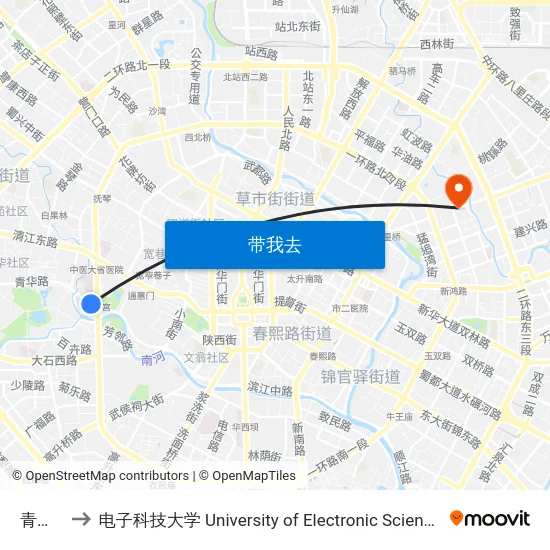 青羊宫站 to 电子科技大学 University of Electronic Science and Technology of China map