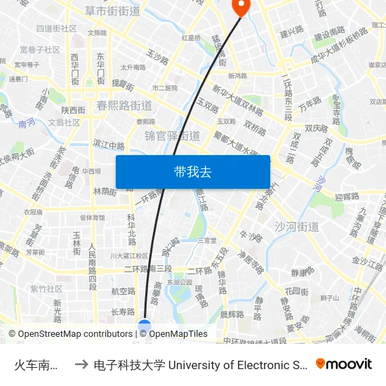火车南站东路东站 to 电子科技大学 University of Electronic Science and Technology of China map