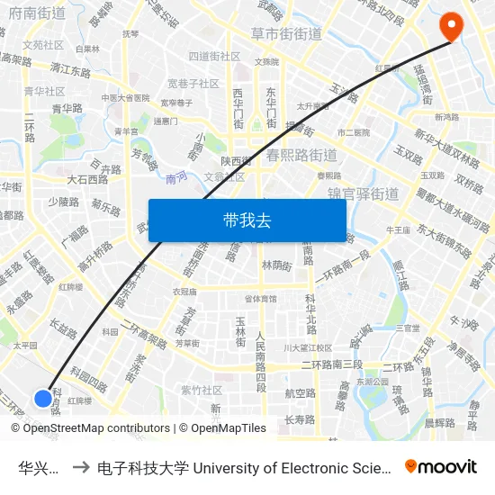 华兴小学站 to 电子科技大学 University of Electronic Science and Technology of China map