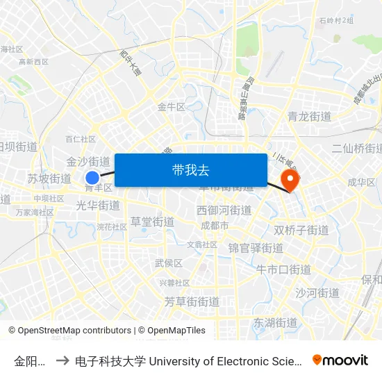 金阳路中站 to 电子科技大学 University of Electronic Science and Technology of China map