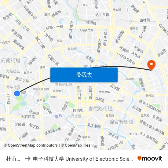 杜甫草堂站 to 电子科技大学 University of Electronic Science and Technology of China map