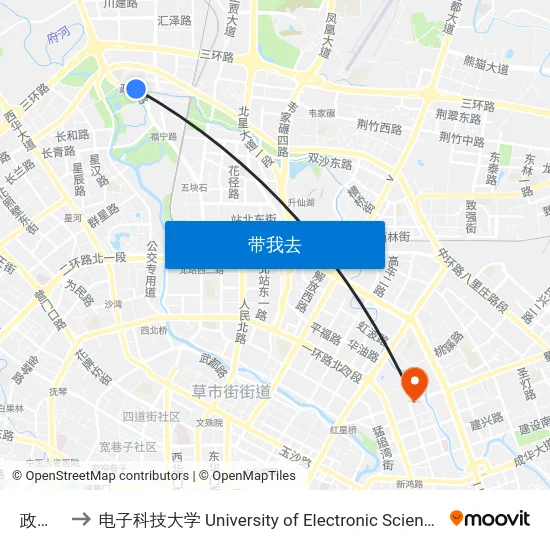 政通路站 to 电子科技大学 University of Electronic Science and Technology of China map