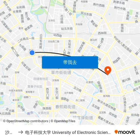 沙湾路站 to 电子科技大学 University of Electronic Science and Technology of China map