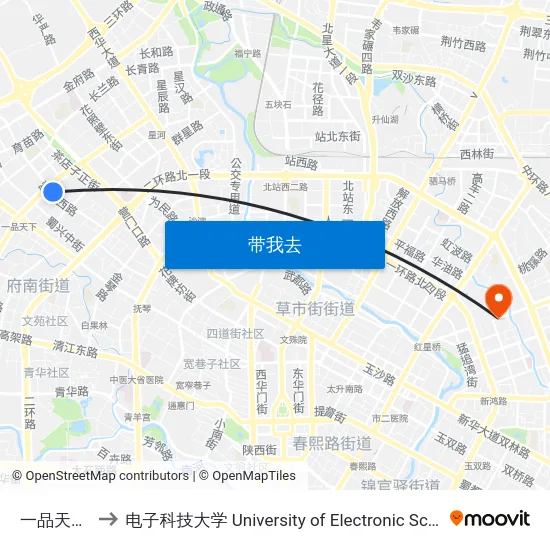 一品天下大街口 to 电子科技大学 University of Electronic Science and Technology of China map