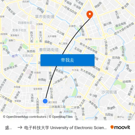 盛隆街站 to 电子科技大学 University of Electronic Science and Technology of China map