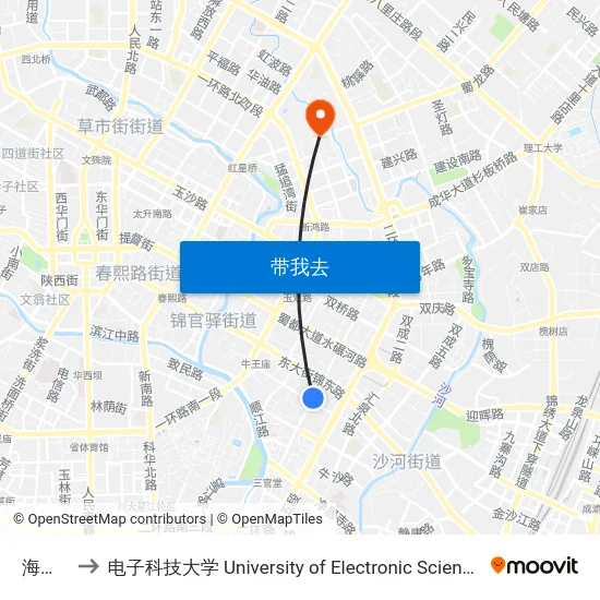 海椒市站 to 电子科技大学 University of Electronic Science and Technology of China map