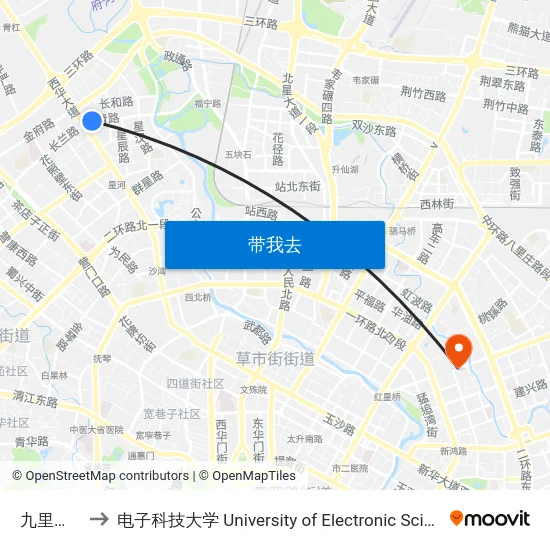 九里堤公交站 to 电子科技大学 University of Electronic Science and Technology of China map