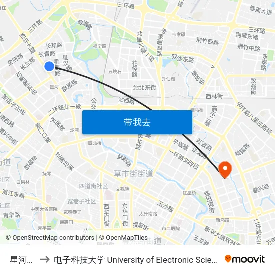 星河路西站 to 电子科技大学 University of Electronic Science and Technology of China map