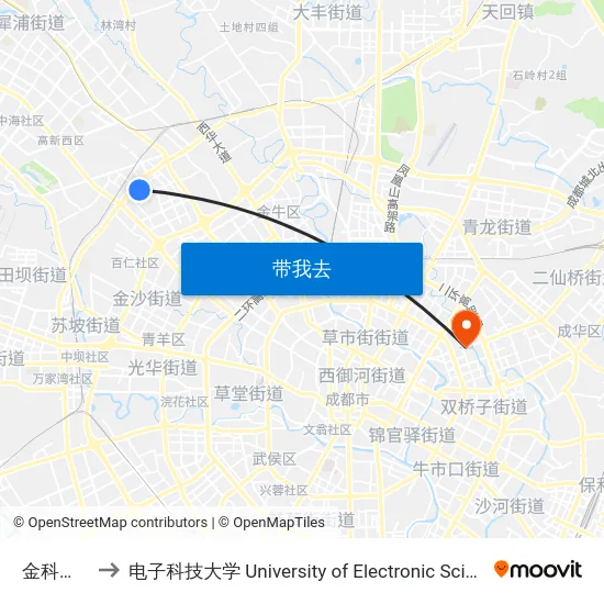 金科南二路站 to 电子科技大学 University of Electronic Science and Technology of China map