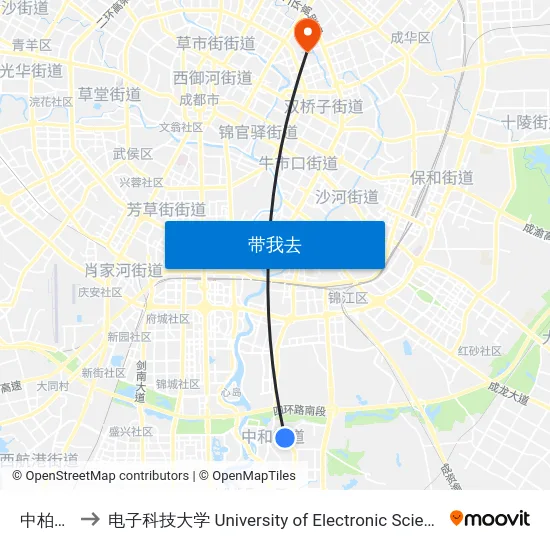 中柏大道北 to 电子科技大学 University of Electronic Science and Technology of China map
