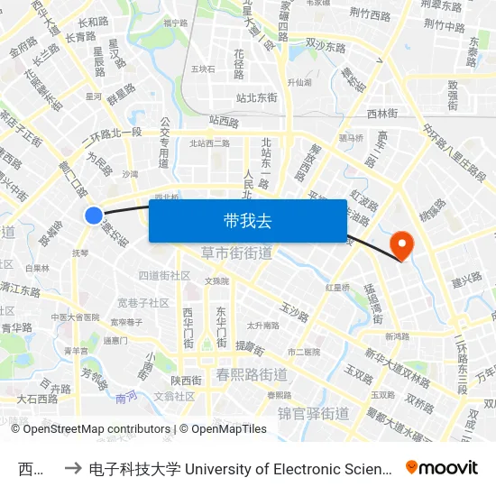 西门车站 to 电子科技大学 University of Electronic Science and Technology of China map