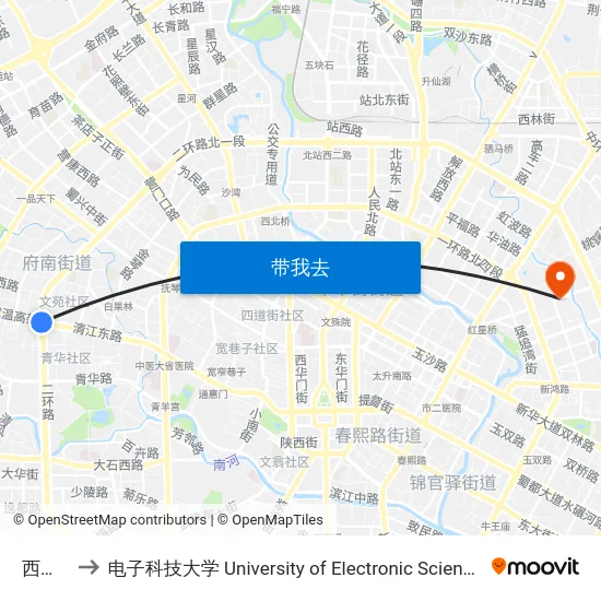 西南财大 to 电子科技大学 University of Electronic Science and Technology of China map