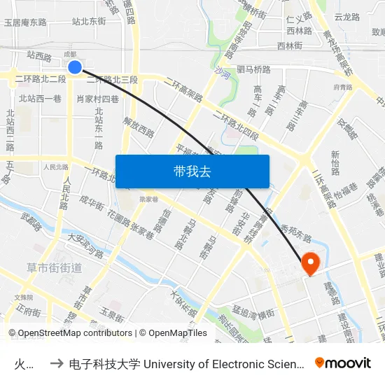火车北站 to 电子科技大学 University of Electronic Science and Technology of China map