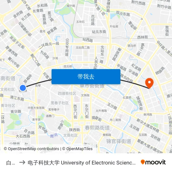 白果林 to 电子科技大学 University of Electronic Science and Technology of China map