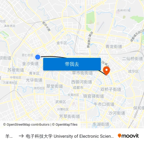 羊犀立交 to 电子科技大学 University of Electronic Science and Technology of China map