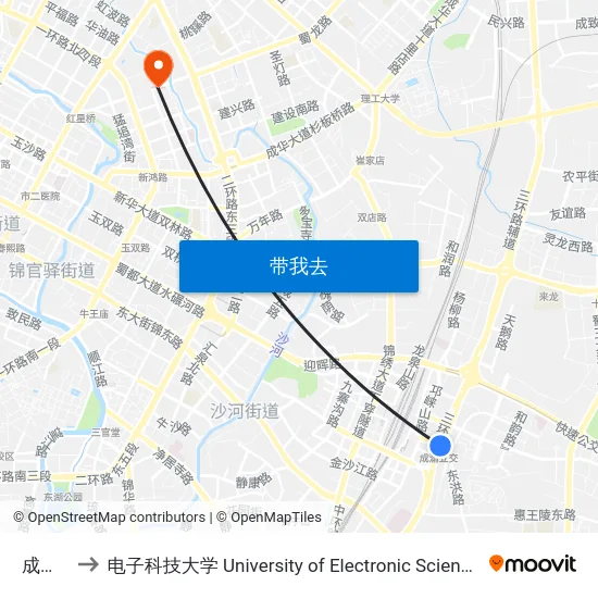 成渝立交 to 电子科技大学 University of Electronic Science and Technology of China map
