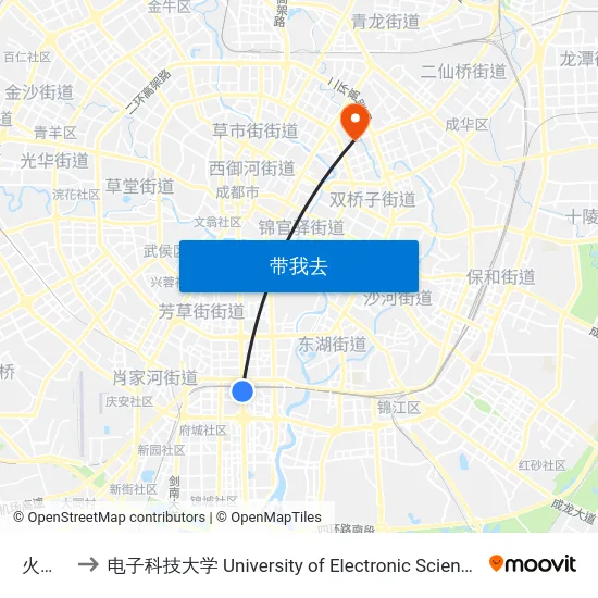 火车南站 to 电子科技大学 University of Electronic Science and Technology of China map