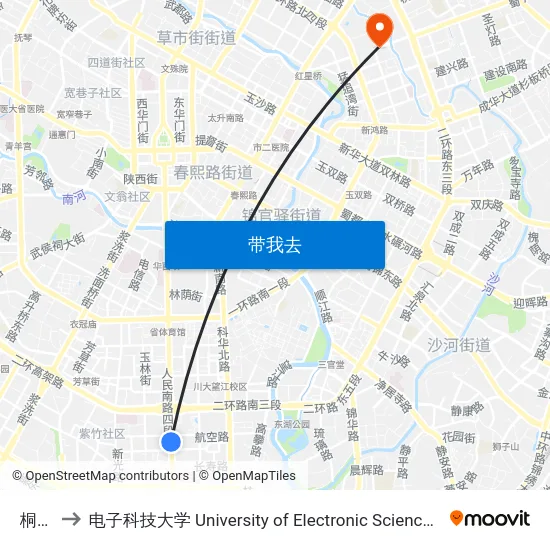 桐梓林 to 电子科技大学 University of Electronic Science and Technology of China map