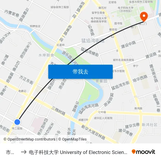 市二医院 to 电子科技大学 University of Electronic Science and Technology of China map