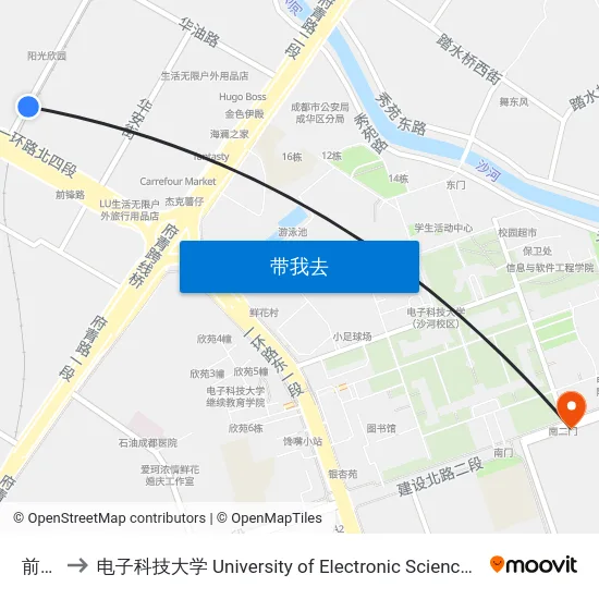前锋路 to 电子科技大学 University of Electronic Science and Technology of China map