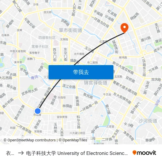衣冠庙 to 电子科技大学 University of Electronic Science and Technology of China map