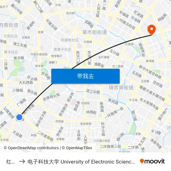 红牌楼 to 电子科技大学 University of Electronic Science and Technology of China map