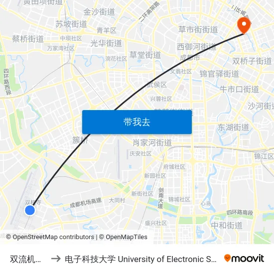 双流机场2航站楼 to 电子科技大学 University of Electronic Science and Technology of China map
