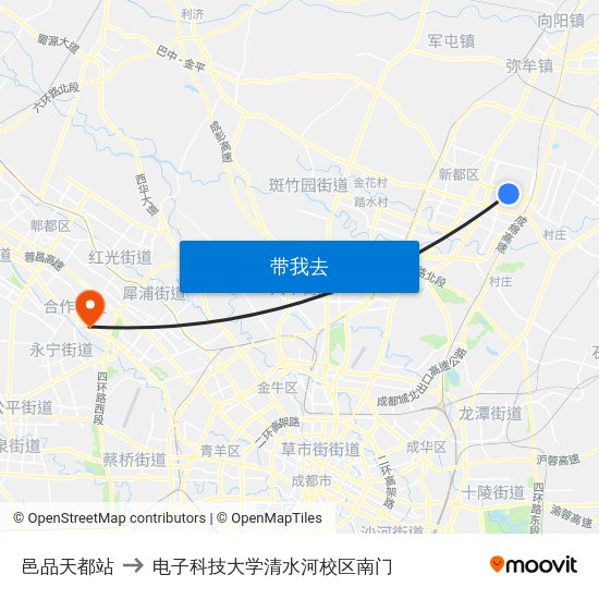 邑品天都站 to 电子科技大学清水河校区南门 map