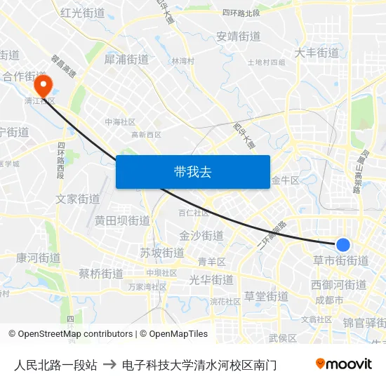 人民北路一段站 to 电子科技大学清水河校区南门 map